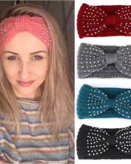 2021 Winter Warmer Ear Knitted Headband Turban For Lady Women Crochet Bowknot Rhinestone Hairband Headwrap Hair Accessories