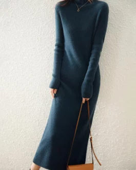 LONGMING Women Knitted Dress 100% Wool Sweater Dress Autumn Winter Slim Knit Maxi Long Sweater Dress Lady Pullover Dresses Solid