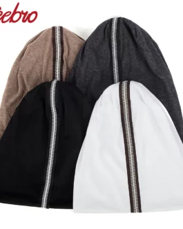 Geebro Women Cotton Soft Comfortable Beanies Casual Novelty Slouchy Zipper Stripe Hats Autumn Solid Color Skullies Cap Bonnet