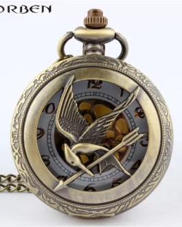 2023 New Arrival The Hunger Games Retro Bronze Hollow Quartz Pocket Watch Skeleton Bird Clock Pendant Gifts For Men Women Clock