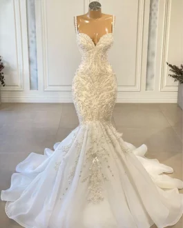 Luxury Mermaid African Women Wedding Dresses 2023 Beaded Embroidery Sexy White Vintage Lace Organza Bridal Wedding Gown