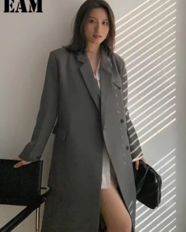 [EAM]  Women Pockets Gray Long Big Size Blazer New Notched Long Sleeve Loose Fit  Jacket Fashion Tide Spring Autumn 2023 1DD5532