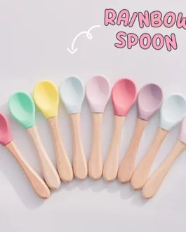 2/1PCS Baby Wooden Spoon Fork Silicone Baby Feeding Spoon Learn To Eat Children’s Tableware Toddlers Infant Feeding Accessories