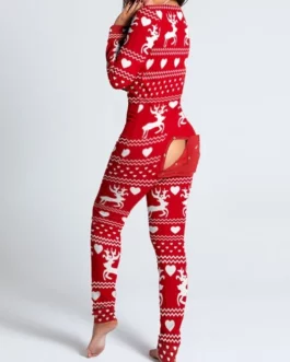 Button Flip Adult Pajamas Printed Christmas Long Sleeved Home Suit Jumpsuit 2023 Autumn Winter New Fashion Sexy Long Jumpsuit