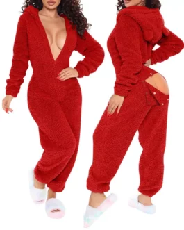 2024 Women Winter Warm Onesies Fleece Romper Pajamas Solid Open Gear Long-Sleeve Zipper V Neck Hooded Sleepwear Sexy Homewear