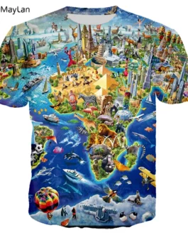 World Map And Animal Fun 3D Harajuku Printed Summer New Fashion Popular Men Women Short Sleeved Crewneck T-shirt Clothing Tops