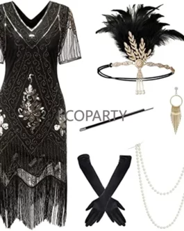 2023 New Spring 1920s Flapper Dress Great Gatsby Party Evening Sequins Fringed Dresses Gown Dress with 20s Accessories 6-PCS Set