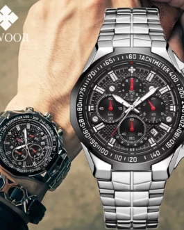 2023 WWOOR Men’s Watch Top Brand Luxury Black Wrist Watch Fashion Sports Chronograph Steel Quartz Men Watches Relogio Masculino