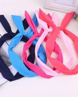 1Pc Cute Solid Color Bunny Rabbit Ear Ribbon Headwear Hairband Metal Wire Scarf Headband Hair Band Accessories